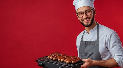 Young happy fun male housewife housekeeper chef cook baker man wearing grey apron hold in hand electric grill sausages look aside on area isolated on plain red background studio Cookin : Generative AI