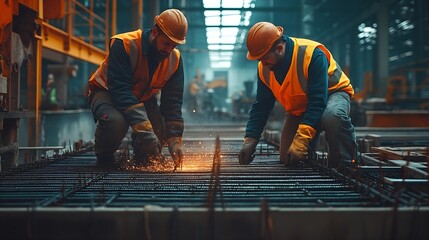 Two constructers or workers from different ethnicities in safety vest are working together to prepare steel bars to make concrete floor foundation in a factory Partnership between two  : Generative AI