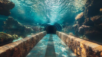 Underwater tunnel at an aquarium : Generative AI