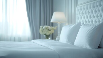 Leinwandbilder - Comfortable all white luxurious hotel bedroom interiorCopy space : Generative AI