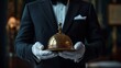 © Generative AI - Portrait of Butler in Dark Suit and White Gloves Holding Brass Bell Concept of Service Industry and Professional Hospitality : Generative AI