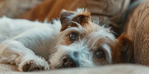 Close-up of an adorable dog's face gazing skeptically at the camera, while an older terrier dozes peacefully on a cozy pet sofa.