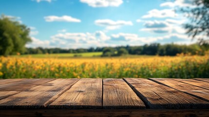 Leinwandbilder - The empty wooden brown table top with blur background of farmland and blue sky : Generative AI