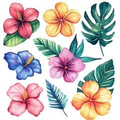 Poster - Tropical flower clipart in various colors,Clipart, watercolor illustration, Perfect for nursery art The style is handdrawn, white background