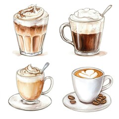 Poster - Watercolor illustration sketch coffee cup glass foam aroma grain clipart set 