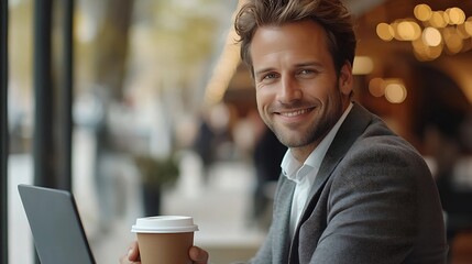 Aufkleber - Handsome smiling businessman drinking coffee and using laptop in office : Generative AI