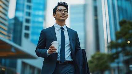 Aufkleber - Skilled business man walking in suit outfit while holding coffee cup Professional manager standing near architectural building Going to working in morning seeking for successful job Ex : Generative AI