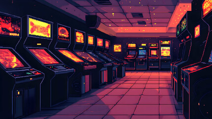 Retro arcade interior with a row of classic arcade games and glowing screens with pixelated graphics.