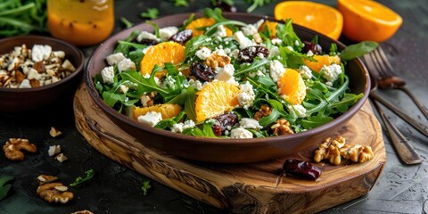 Wall Mural - Goat Cheese Salad with Arugula Dates Oranges Walnuts and Za atar Dressing