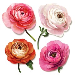 Sticker - Set of beautiful ranunculus flowers on white background.