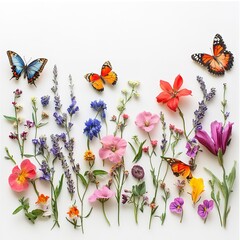 Canvas Print - flowers and butterflies on white background