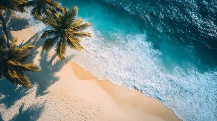 Wall Mural - Aerial view top view beautiful topical beach white sand coconut palm tree shadows sea shore landscape top view empty and clean beach Waves surf empty beach from above Summer vacation t : Generative AI