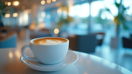 Poster - A cup of flavored coffee in a white cup at the reception in the office : Generative AI