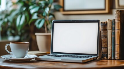 Leinwandbilder - Laptop with blank white screen books coffee cup and picture frame on wooden table : Generative AI