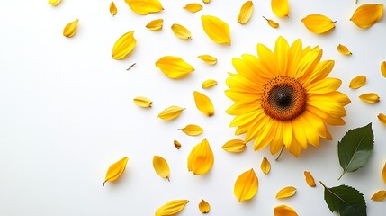 Poster - Yellow sunflower flower leaf and petals isolated on white background Flower in summer garden composition Creative layout Design element Top view flat lay : Generative AI
