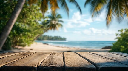 Aufkleber - Empty wooden table with blurred beach with coconut trees in the background : Generative AI