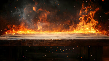 Rustic wooden table with fire flames and smoke.