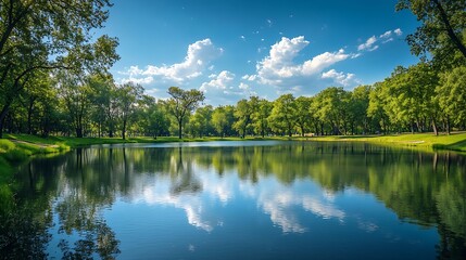 Poster - Very beautiful idyllic natural panorama of city spring summer park with pond that reflects surrounding trees and blue sky on bright sunny day : Generative AI