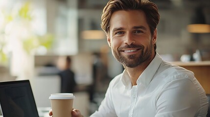 Poster - Handsome smiling businessman drinking coffee and using laptop in office checking emails on computer sitting at desk free space : Generative AI