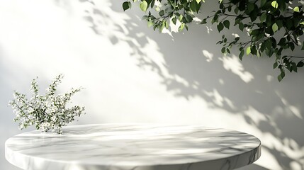 Fototapete - Round marble table top with tree leaves shadow drop on white wall background for mockup product display : Generative AI