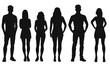 © 为轩 张 - Silhouette of a diverse group of people standing together, including both male and female figures, in a black vector illustration on a white background. Ideal for representing a business team or group