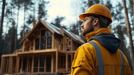 Poster - Worker building wooden twostory house near the forest Man in work clothes and hard hat reviewing the construction plan The aim is to implement modern environmentallyfriendly constructi : Generative AI
