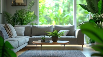 Wall Mural - Interior of light living room with coffee table sofas and houseplants : Generative AI