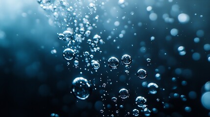 Poster - Shiny air bubbles underwater rising from bottom and illuminated by rays of light Stream of oxygen bubbles on a black isolated background Close up of a bubbling liquid during aeration o : Generative AI