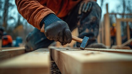 Poster - Man worker building wooden frame house on pile foundation Carpenter hammering nail into wooden joist using hammer Carpentry concept : Generative AI