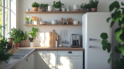 Aufkleber - Minimal light scandinavian kitchen interior White furniture with utensils shelves with crockery and plants in pots small refrigerator near window panorama empty space : Generative AI