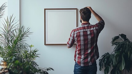 Poster - Man hanging picture frame on white wall at home : Generative AI