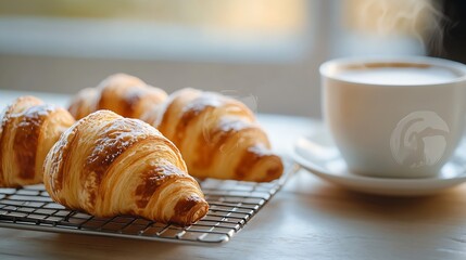 Aufkleber - Breakfast view a bunch of croissant on a cooling rack and a cup of coffee Cozy home cafe vibe with white and wooden background and concept : Generative AI