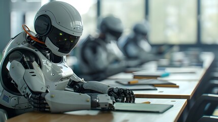 Poster - A humanoid robot seated in a modern classroom, engaged in learning alongside other robots, showcasing technology's role in education.