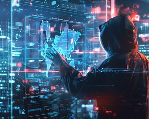 Poster - A hooded figure interacts with a futuristic digital interface, showcasing technology and data visualization in an urban setting.
