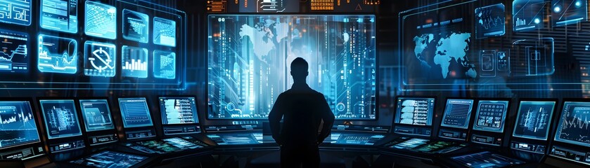 Poster - a lone figure stands before a futuristic control room with multiple screens displaying data and anal