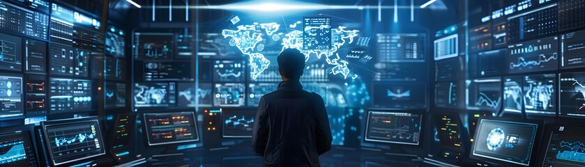 Poster - a person interacts with a futuristic control room filled with screens displaying data and a world ma