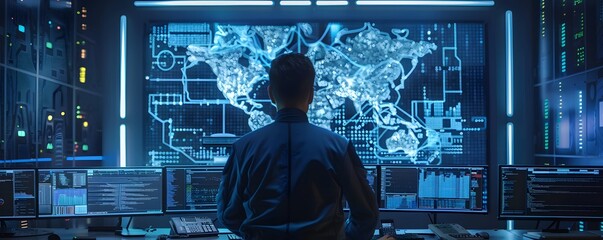 Poster - a person monitors a digital map on a futuristic display in a high-tech control room, focusing on glo