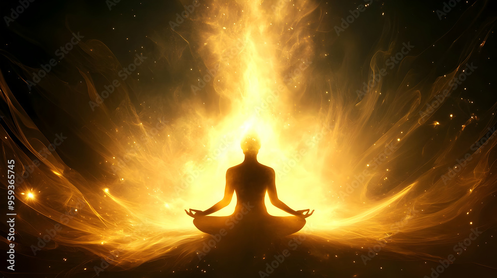 Silhouette of a person meditating in a bright golden light with ...