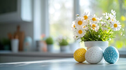 Poster - Easter eggs and spring flowers on white table over blurry kitchen window background : Generative AI