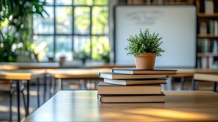 Fototapete - Cropped shot of wooden table with books stationery and copy space in blurred study roomEmpty classroom or presentation room interior with desks chairs and whiteboard : Generative AI