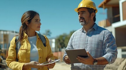 Poster - Hispanic Female Inspector Talking to Caucasian Male Land Development Manager With Tablet On Construction Site Of Real Estate Project Excavators Preparing For Laying Building Foundation : Generative AI