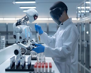 Poster - A scientist in a lab coat interacts with a robotic arm, conducting experiments in a high-tech laboratory setting.