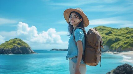 Asian woman with backpack solo travel on tropical island mountain peak in summer sunny day Attractive girl enjoy and fun outdoor lifestyle looking beautiful nature of ocean on beach ho : Generative AI