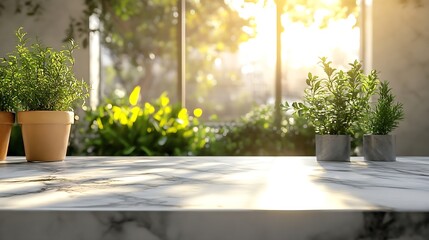 Leinwandbilder - Selective focusElegance product display background with marble top with kitchen wall window garden in morningminimal counter design : Generative AI