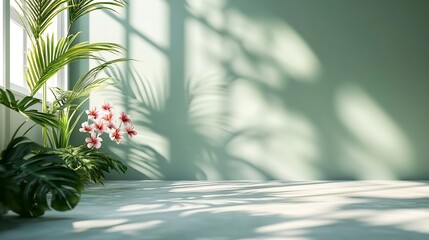 Poster - Abstract gradient green studio background for product presentation Empty room with shadows of window and flowers and palm leaves  3d room with copy space Summer concert Blurred backdro : Generative AI