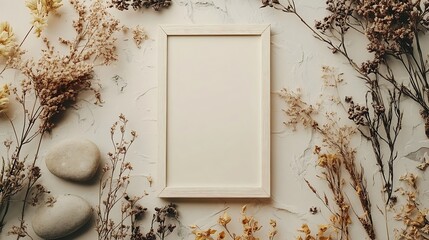Aufkleber - Empty photo frame dried flowers and stone on a light background top and vertical view : Generative AI