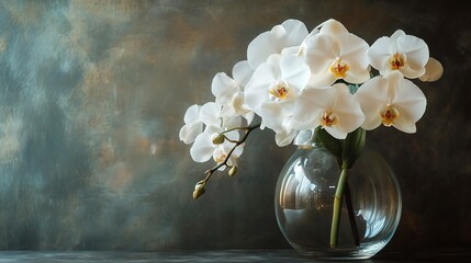 Poster - Beautiful white orchid flowers in a glass vase on a table against