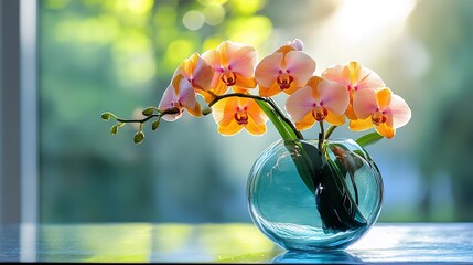 Poster - Colourful Orchid flowers in a vase on a table 