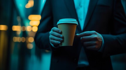 Poster - A manager in dark suit takes morning coffee to start his business hours in an office A man has a cup of coffee in his hand when start his working day A male office worker gets refreshm : Generative AI