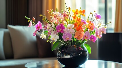 Wall Mural - Colourful Orchid flowers in a vase on a table